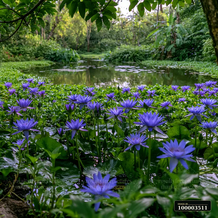 Purple and green flowers fill the area around a natural pond.