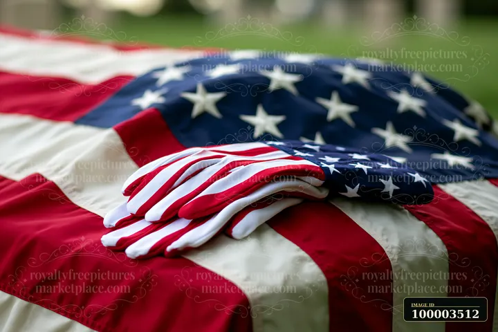 American flag covers a casket in bright daylight with white gloves placed on top.