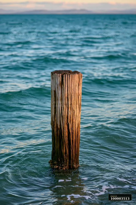 Old wooden piling against a turquoise horizon rises from the ocean waves, showing its weathered texture.