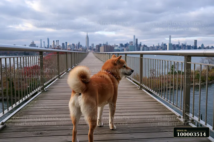 A Shiba Inu stands on a wooden platform, gazing at a city skyline with tall buildings under a cloudy sky.