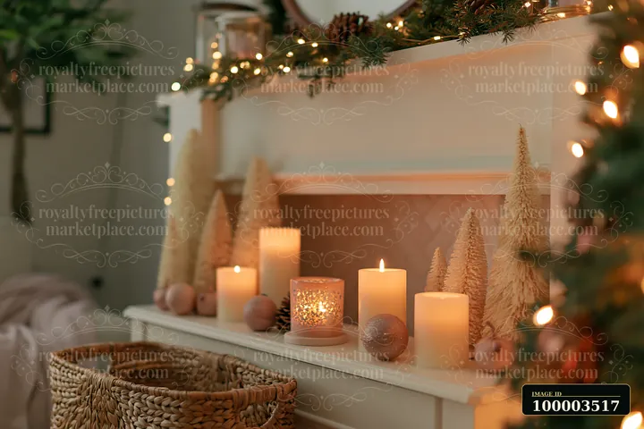 Soft candlelight illuminates a Christmas living room featuring a mantel decorated with trees, ornaments, and string lights, creating a warm atmosphere for the h