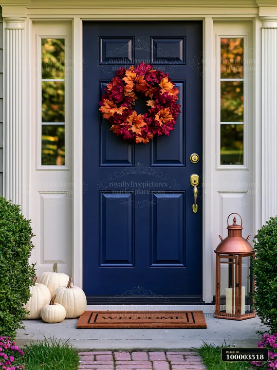 A front door with a colorful wreath, a welcome mat, and white pumpkins sits beside a lantern.