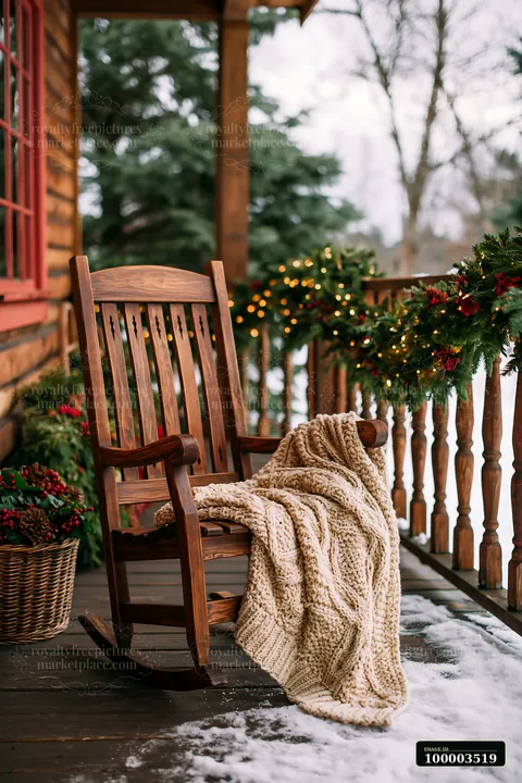 A rustic cottage porch features a wooden rocking chair with a warm blanket draped over it.