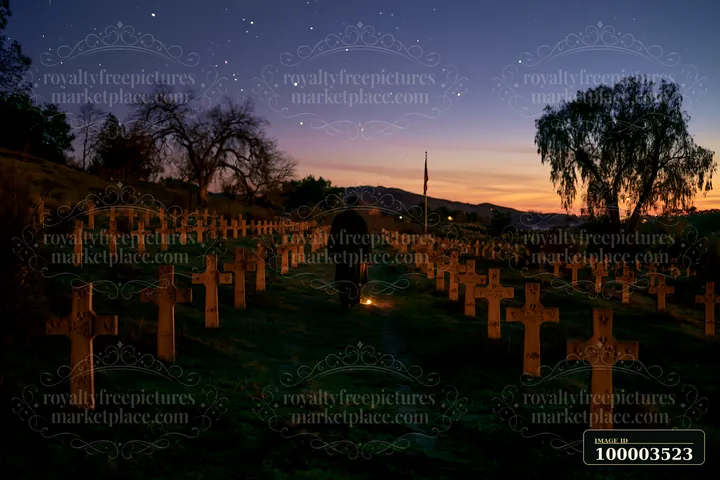 Cross-shaped military grave markers under stars fill the landscape in a cemetery.