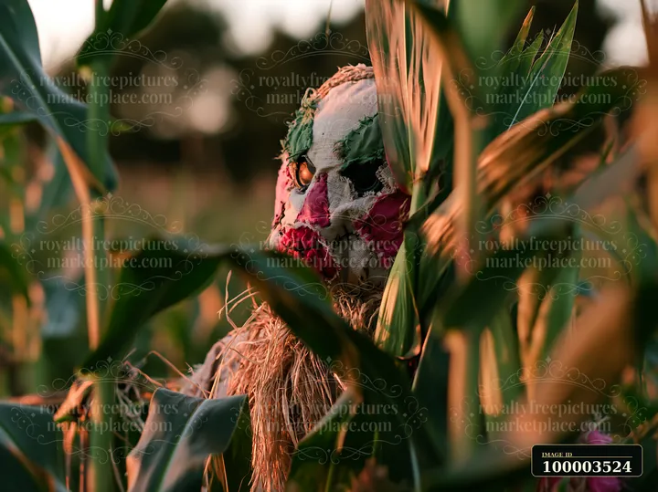 A scarecrow in a cornfield at sunrise watches over rows of corn.