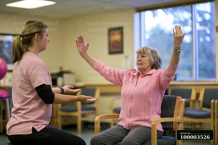 A physical therapist guiding Parkinson's exercises works with an elderly woman in a bright therapy room.