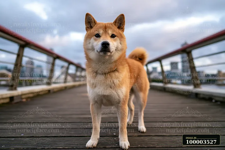 A Shiba Inu stands on a wooden walkway with a city skyline in the background.