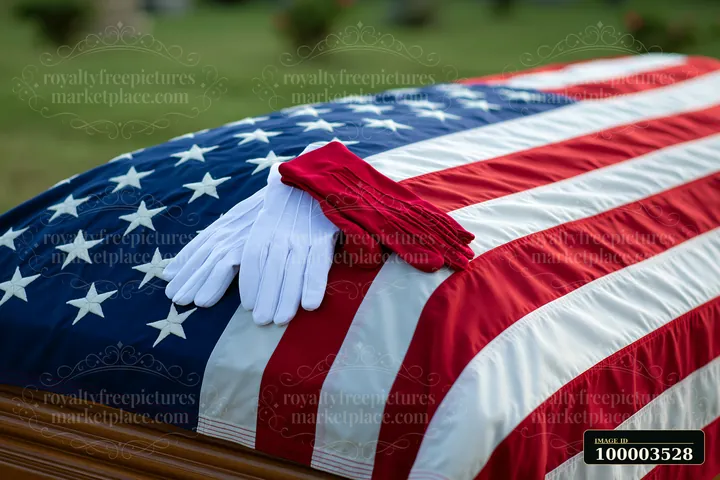 An American flag covers a casket in natural daylight with white gloves resting on top.