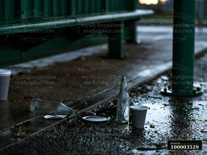 A clear bottle sits next to paper cups and a plate on a damp ground in an outdoor setting, showing litter left behind in a public space after an event or gather
