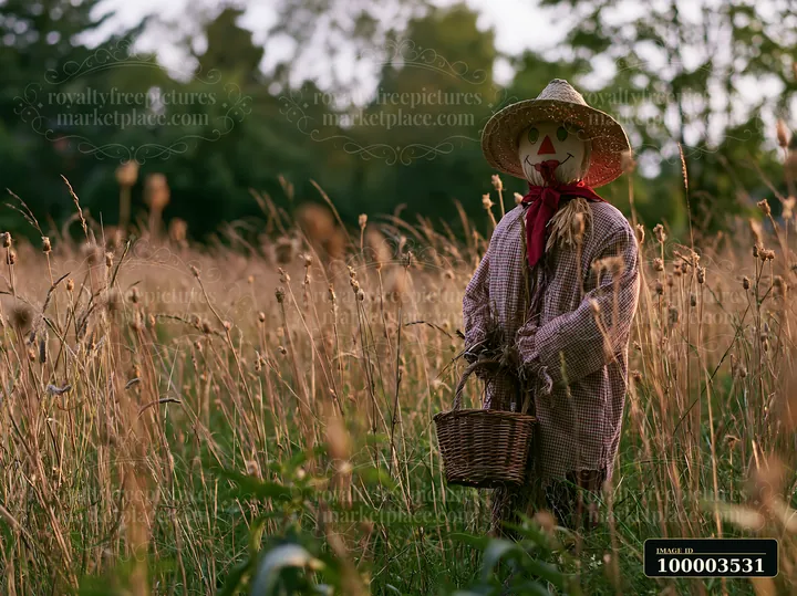 A scarecrow in a rural meadow holds a basket while standing among golden grass and plants.