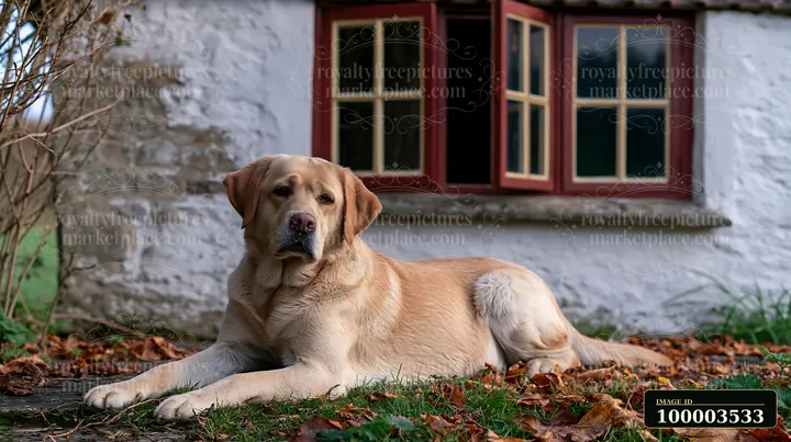 A dog beside rural cottage rests on grass surrounded by autumn leaves.