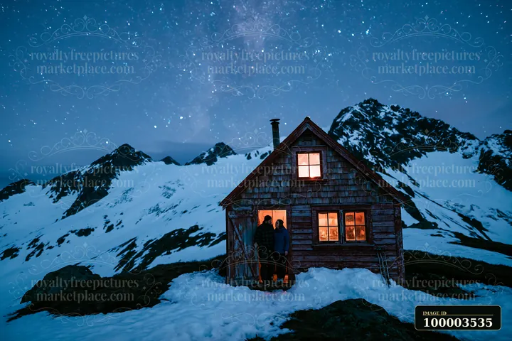 A couple under stars in snowy mountains stands close by a rustic cabin with warm light glowing from the windows.