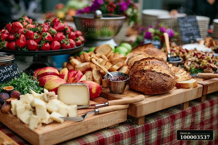 A buffet table displays various food items including bread, cheese, fruits, and snacks arranged in a natural setting.