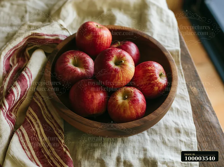 Red apples are arranged in a wooden bowl placed on a stained handmade linen tablecloth.