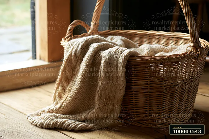 A stained wool sweater lays in a woven basket near a window.