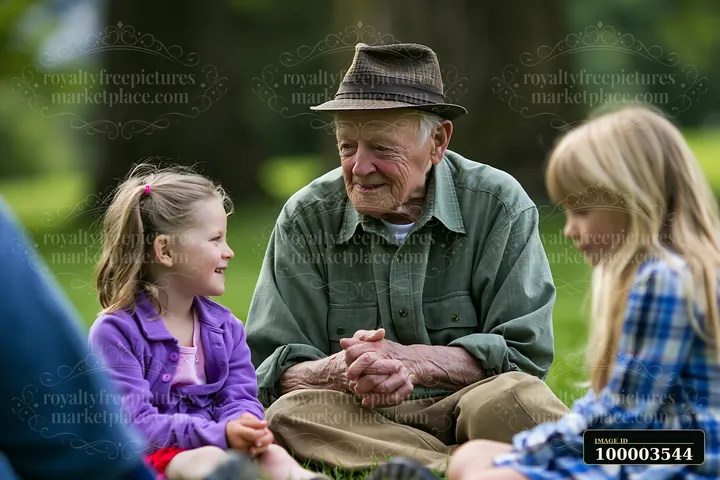 A person with Alzheimer's is smiling and engaged while sitting on the grass with two children in a park.
