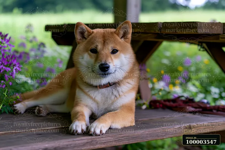 A Shiba Inu is lying on a wooden surface under a structure, enjoying the shade.