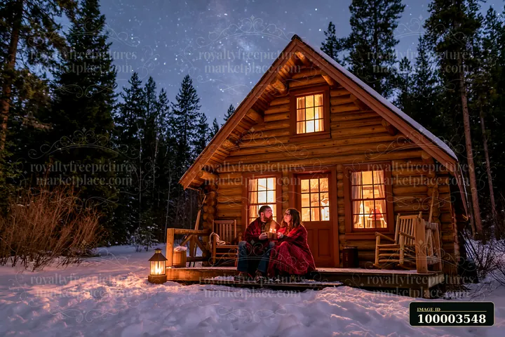 A couple sharing hot drinks under stars sits on the porch of a log cabin surrounded by snow.