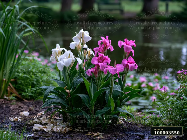 Canna lily flowers in pink and white grow near a pond surrounded by green grass and plants.