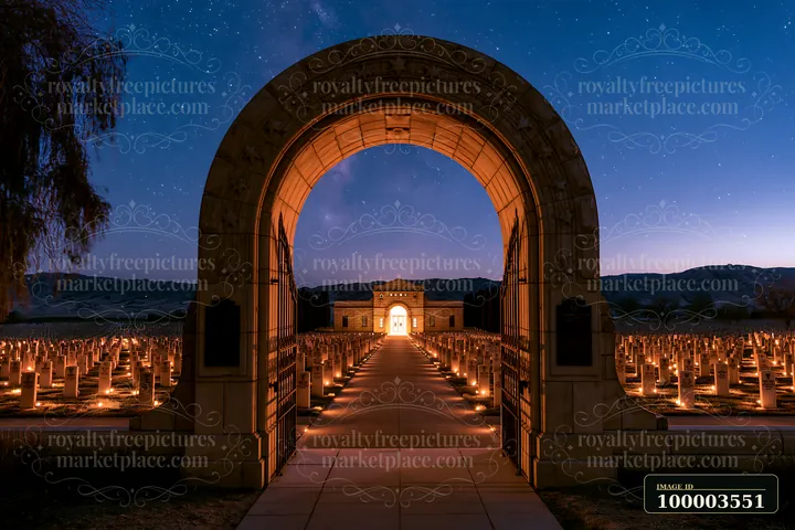 A pathway leads through a soldiers' cemetery with lights illuminating the graves under a clear starry sky.