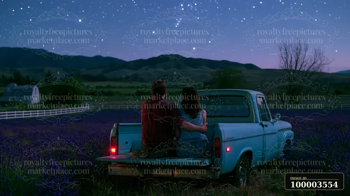 A couple sits in the back of an old blue truck, watching the sky filled with stars above a lavender field.