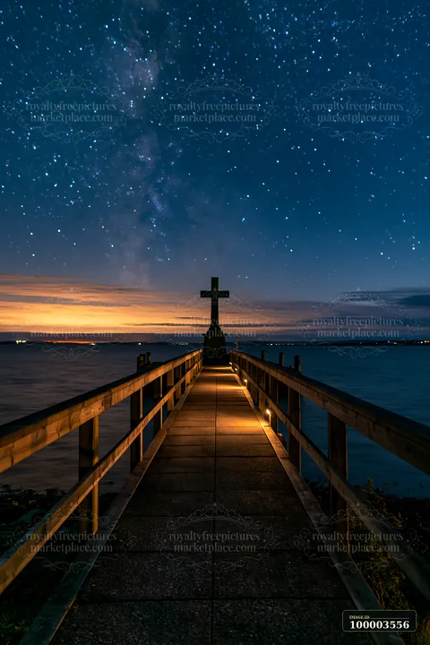 A war memorial cross stands on a wooden pathway leading to the water, illuminated by low lights, with a starry sky and colorful sunset in the backdrop.