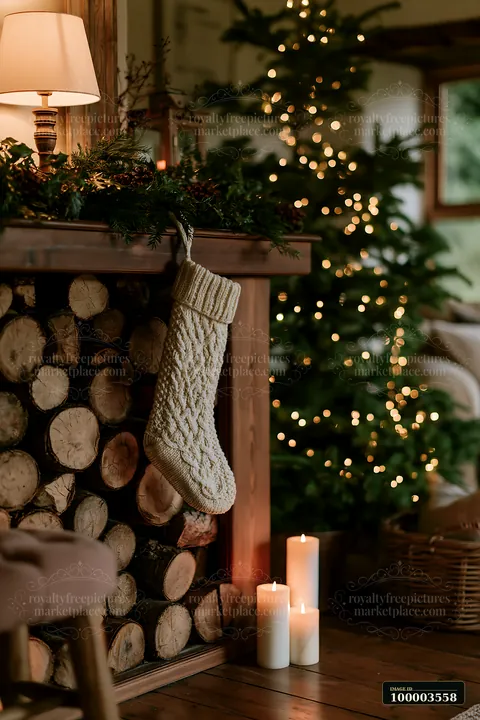 A cozy setting features a Christmas tree with lights, a stocking hanging by a wooden fireplace, and candles casting a warm glow.