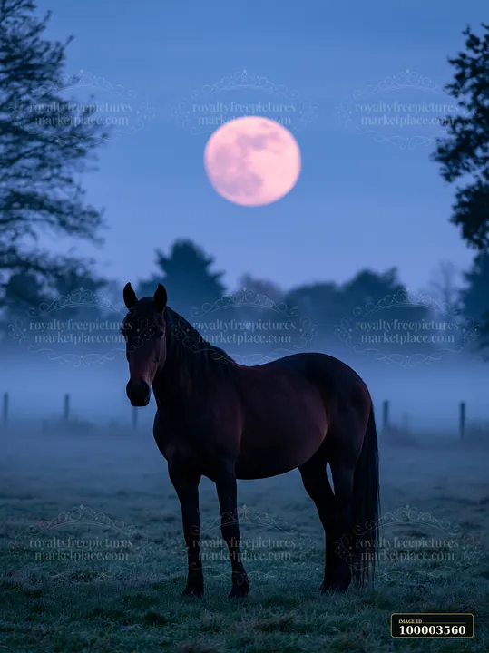 A horse silhouette stands in a foggy field beneath a full moon.