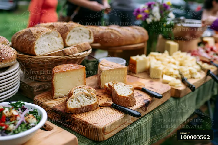 A buffet table displays an assortment of bread, cheese, and fresh salad.