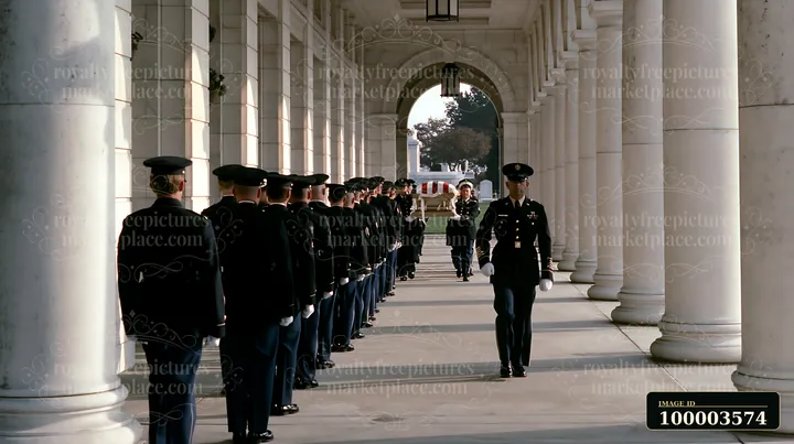 A military funeral ceremony with flag-draped coffin takes place under a colonnade.