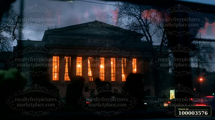 A view of the Soviet theater exterior shows glowing windows reflecting city lights and silhouettes of passerby in the foreground.
