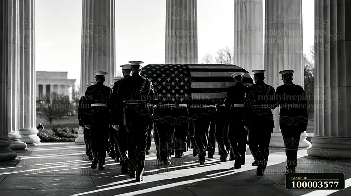 Servicemen carry a flag-draped coffin during a military funeral ceremony at a memorial site.