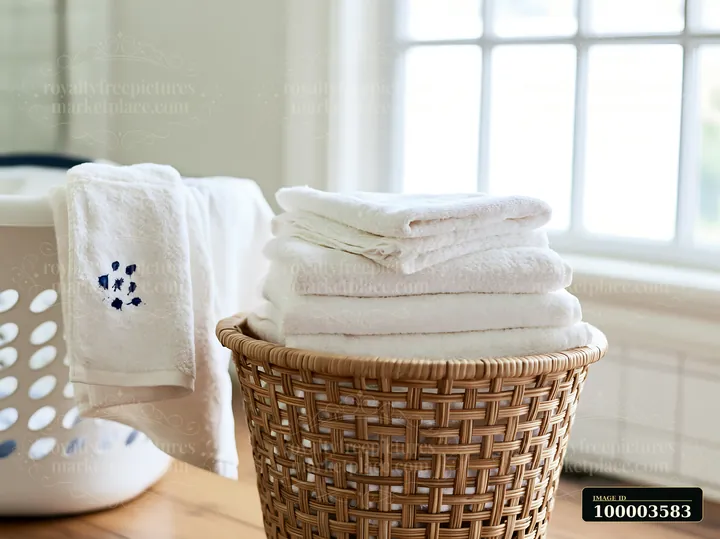 A laundry basket holds neat stacks of white towels, each with accidental ink splashes adding a unique touch.