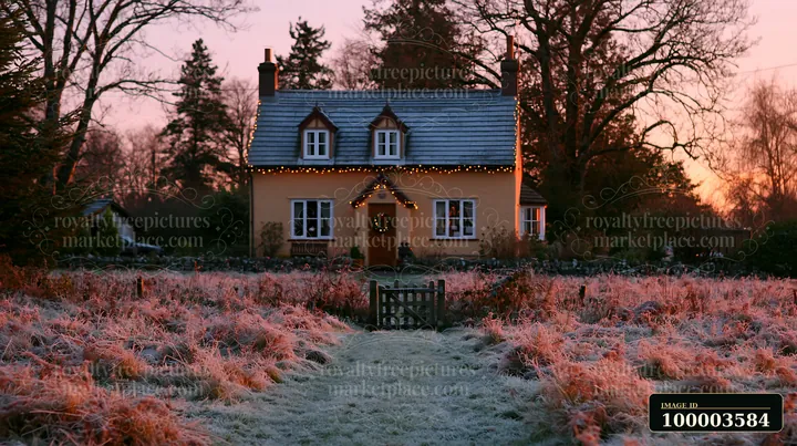 A cozy country cottage with Christmas decorations stands amidst frosty grass at sunset.
