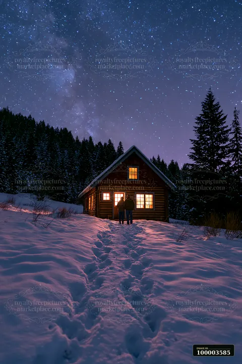 A couple beside a mountain cabin under stars walks on a snowy path at night.