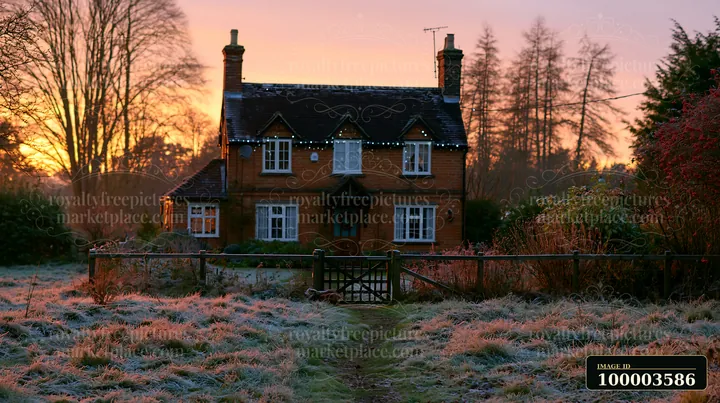 A country cottage with Christmas decorations stands in a frosted field as the sun sets, creating a warm glow around the home.
