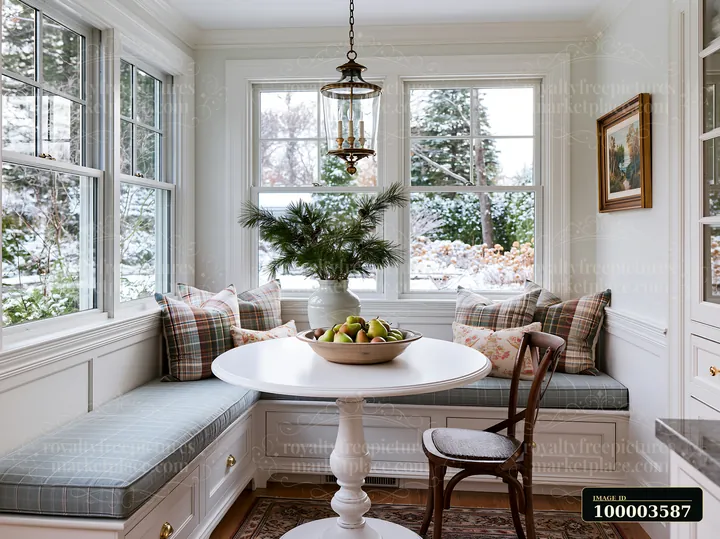 A cozy kitchen features a round table and a window seat with decorative pillows.