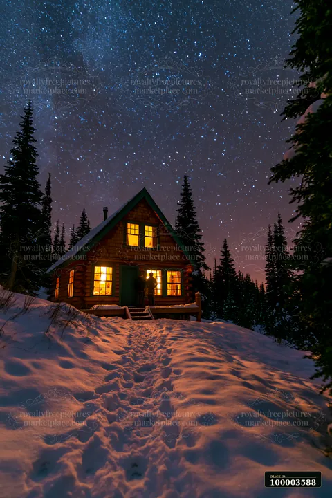 A couple stands outside a mountain cabin with warm lights visible through the windows under a starry sky.