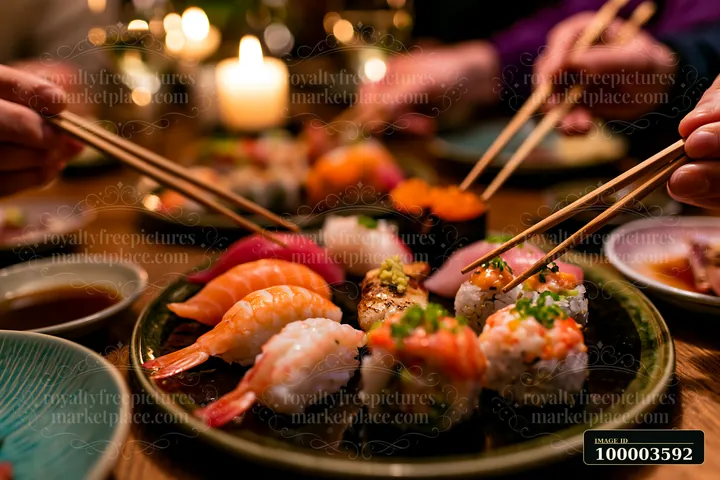People use chopsticks to enjoy a sushi tasting selection close-up at a dinner table.