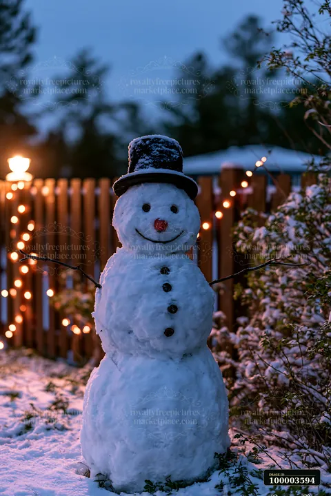 A snowman beside a wooden fence stands in a snowy yard, decorated with string lights.