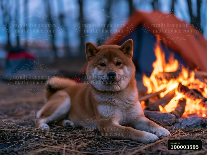 A Shiba Inu lies on the ground in front of a bright campfire, with a tent set up nearby.
