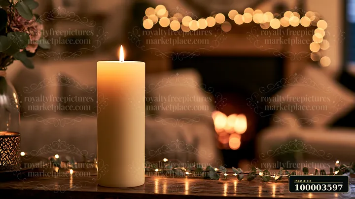 A candle with copy space on right sits on a table, surrounded by greenery, with soft lights twinkling in the background and a cozy fire in the fireplace.