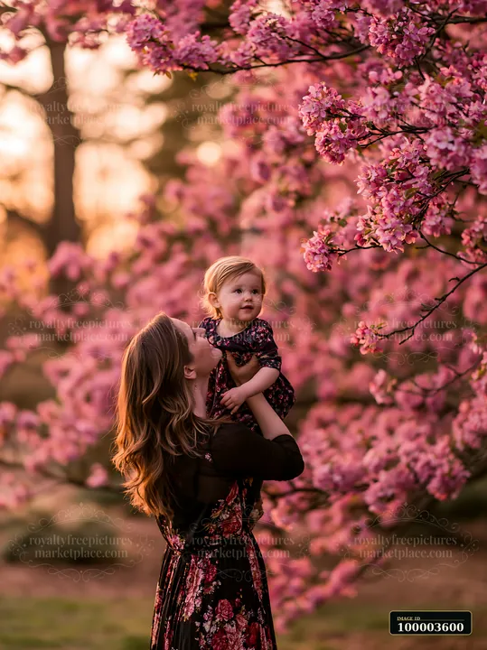A woman holds a child close while surrounded by vibrant cherry blossom trees in Japan.
