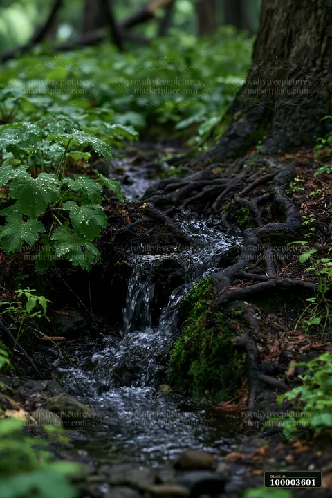 A woodland stream flows gently through exposed roots and green foliage, creating a natural scene in a forested area.