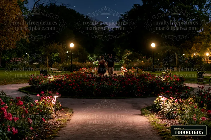 A couple walking away through rose garden under stars at night fills the scene.