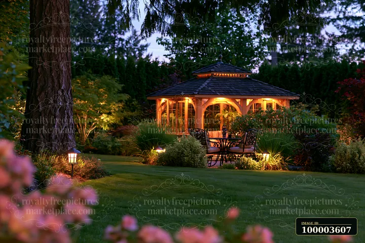 A well-lit garden pavilion stands beside a green lawn as dusk settles in.