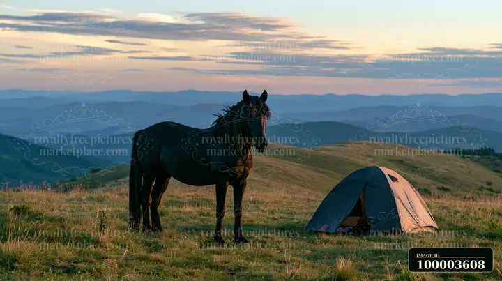 A black horse stands next to a camping tent in a grassy area during sunset.