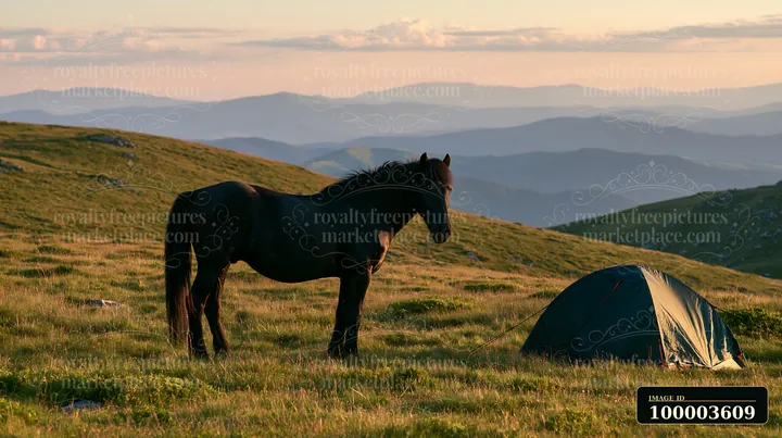 A black horse stands near a tent on a grassy hillside during sunset.