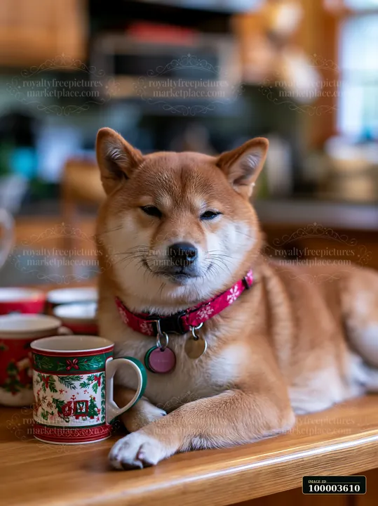A Shiba Inu is lying near holiday mugs on a wooden kitchen table.
