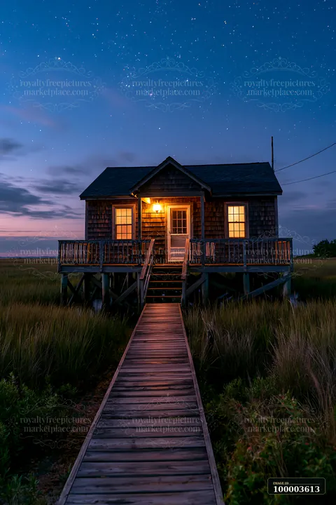 A small house stands on stilts surrounded by grasses, with warm light shining from its windows.